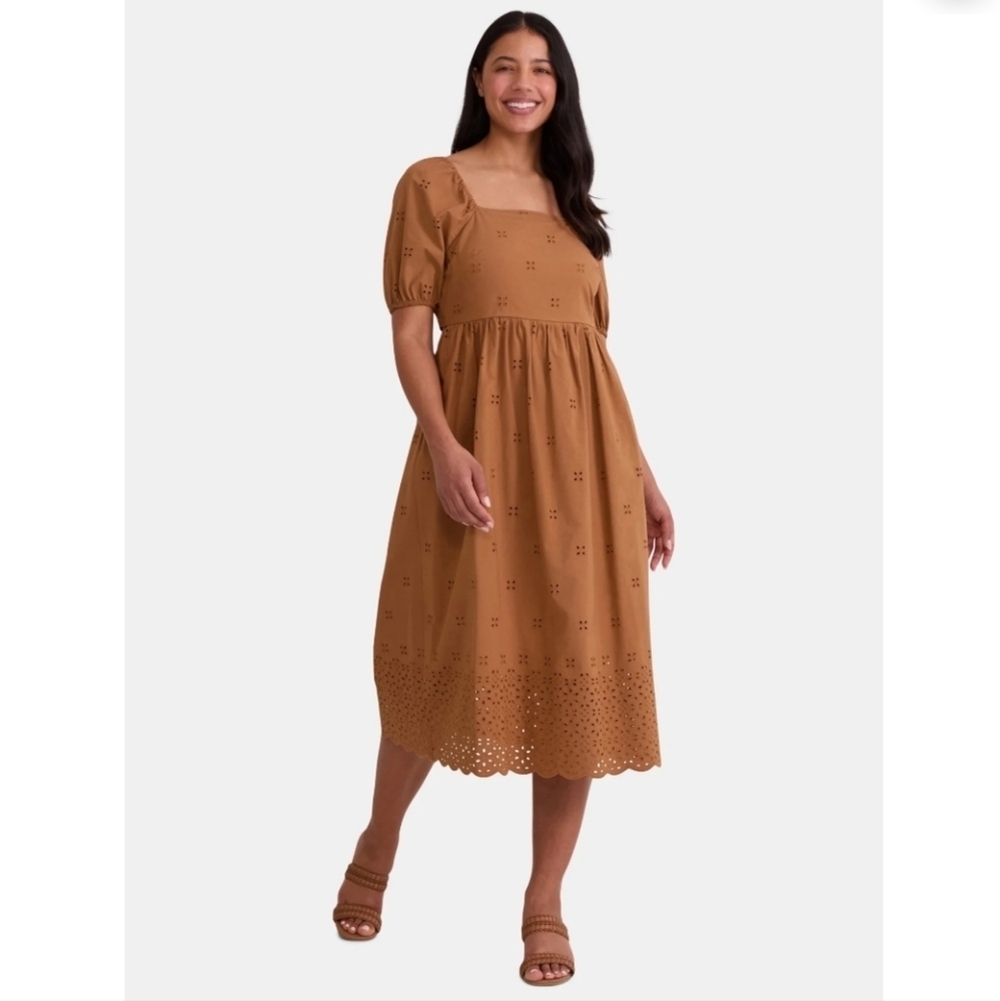 Time and Tru Women's and Women's Plus Eyelet Midi Dress FALL Brown New Large